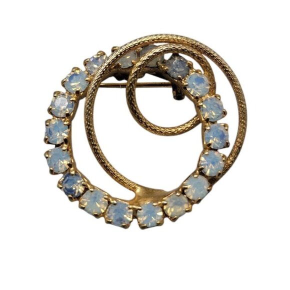Faux Opal Circle Brooch Gold Tone Interlock Loops Vintage Beautiful Rhinestone - Picture 3 of 5
